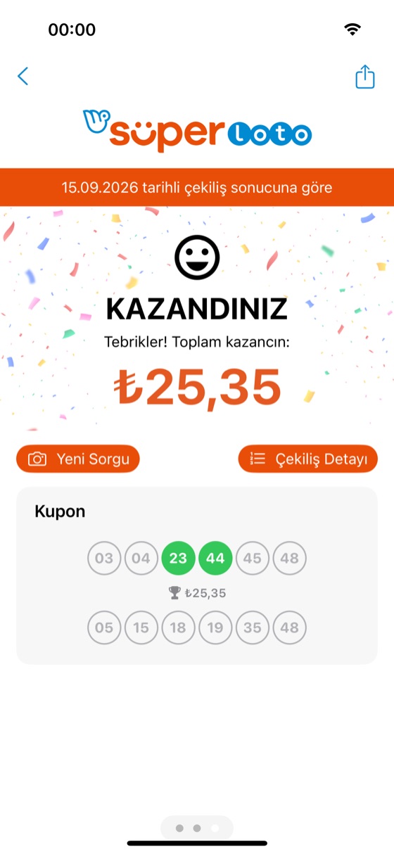 Loto Türkiye kupon sonucu ekranı